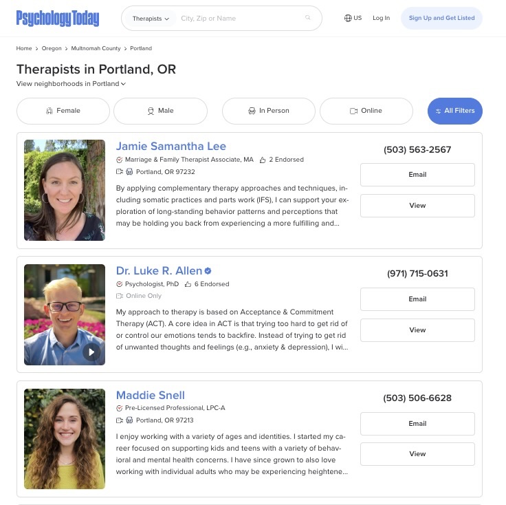 Psychology Today therapist directory showing Portland Oregon sex therapists